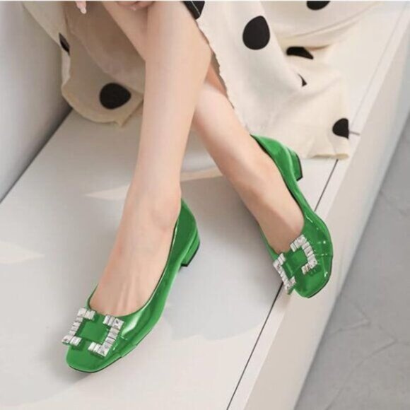 FYS Green Square Toe Block Low Heel Pumps Rhinestones Buckled Dress Walking Shoe - Picture 1 of 8